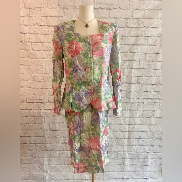 Vintage 80s Leslie Fay Skirt Set 2 Piece Deadstock Pastel Floral Suit Coquette - Picture 3 of 16